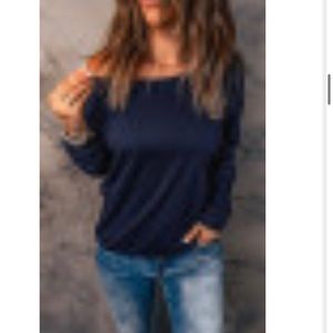 Blue Crewneck Long Sleeve Off-Shoulder Pullover Sweatshirt Top